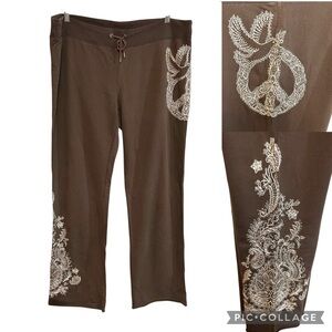 lucky brand sweatpants XL+ embroidered design boho hippie mehndi yoga Y2K wide